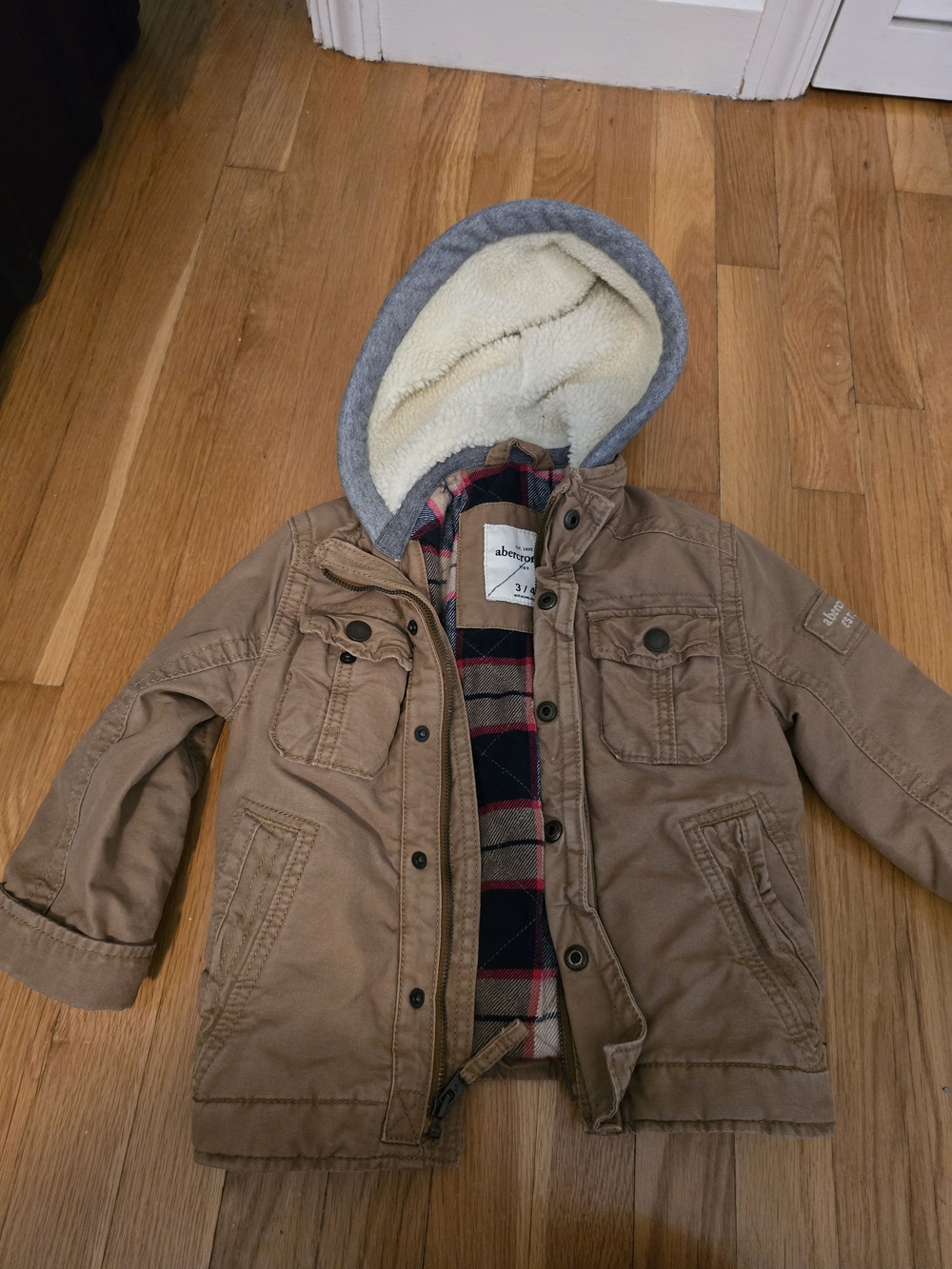 Abercrombie & Fitch Tan Hooded Puffer Jacket with Plaid Lining